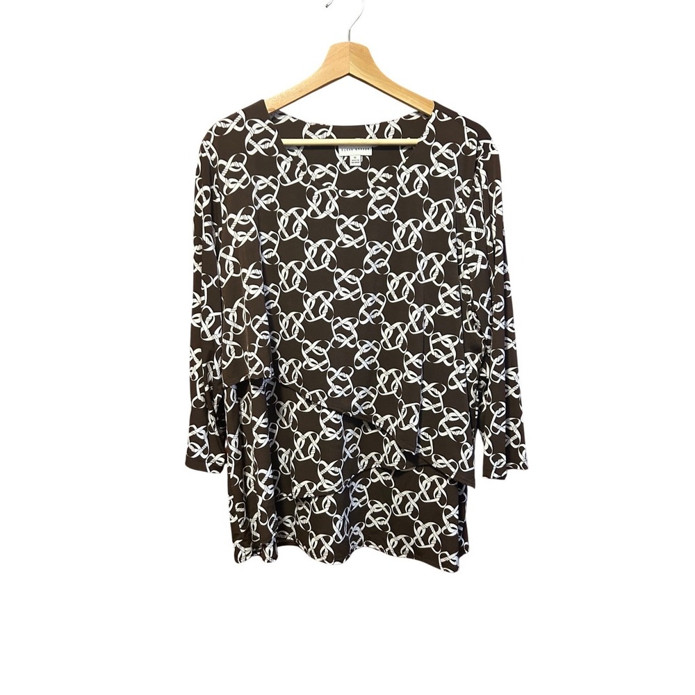 Susan Graver XL Brown White Geometric Link Layered Tunic Blouse XL 3/4 Sleeve